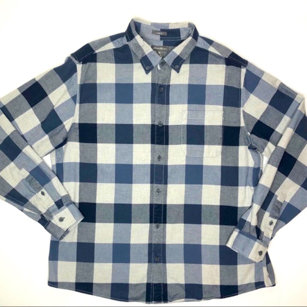 EDDIE BAUER - Mens 3XL Long Sleeve Plaid Flannel Shirt, Grey/Navy Blue